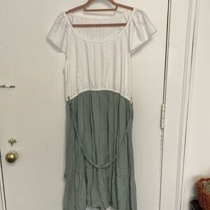 Cupshe White and Green Midi Sundress with Puff Sleeves and Scoop Neck